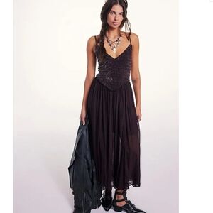 Free People Brown Arabesque shirred bodice dress